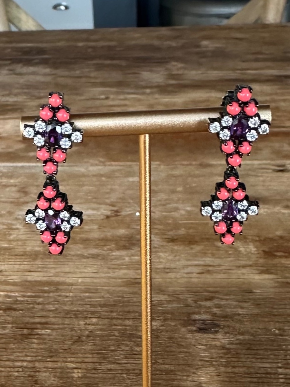 TOVA - Crystal Geometric Double Drop Statement Earrings Coral Amethyst Gunmetal